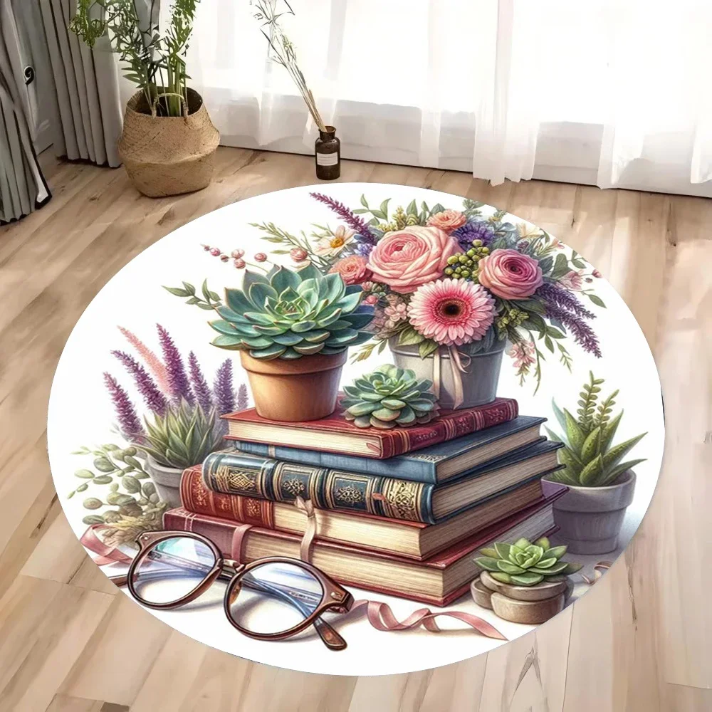 Commercial Book Printing Machines - レトロな雰囲気の古書と蝶の模様が描かれた円形のラグ – 花柄プリントの滑り止めマット。寝室、リビング、椅子の下などに。