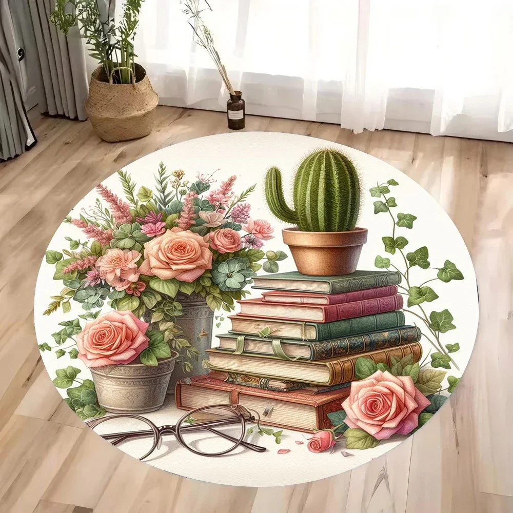 レトロな雰囲気の古書と蝶の模様が描かれた円形のラグ – 花柄 - Commercial Book Printing Machines のレビューと価格