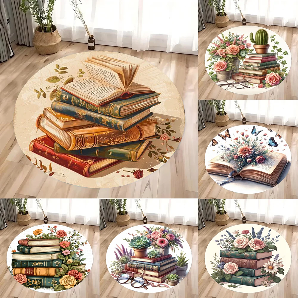 レトロな雰囲気の古書と蝶の模様が描かれた円形のラグ – 花柄 - Commercial Book Printing Machines のレビューと価格